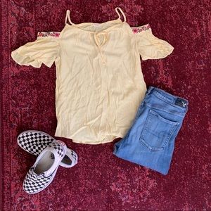 Sheer Yellow Shirt w Embroidered Shoulder Cut-outs